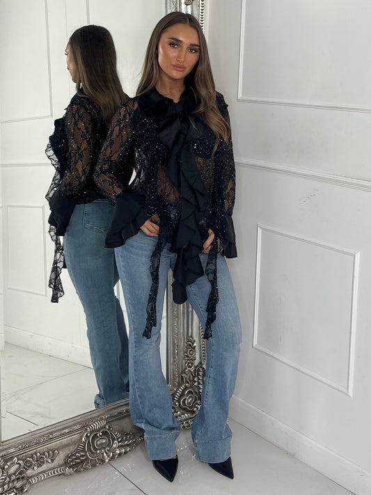 Lace Sheer Diamante Ruffle Shirt - Black
