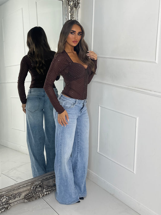 Long Sleeve Diamante Detail Cupped Bodysuit - Chocolate Brown