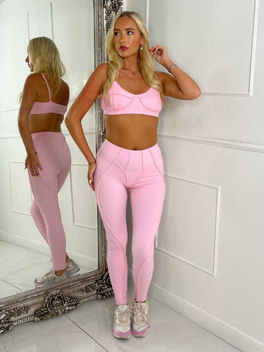 Seam Detail Bra & Leggings Set - Baby Pink