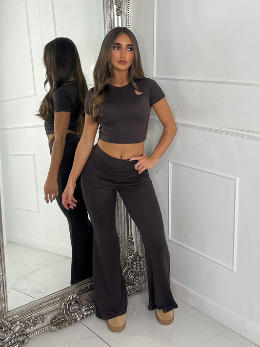 Heart Detail Crop Top & Wide Leg Pants Set - Brown
