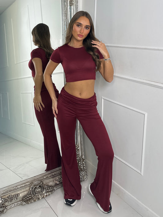 Crop Tee & Fold Over Flares Loungesuit - Wine