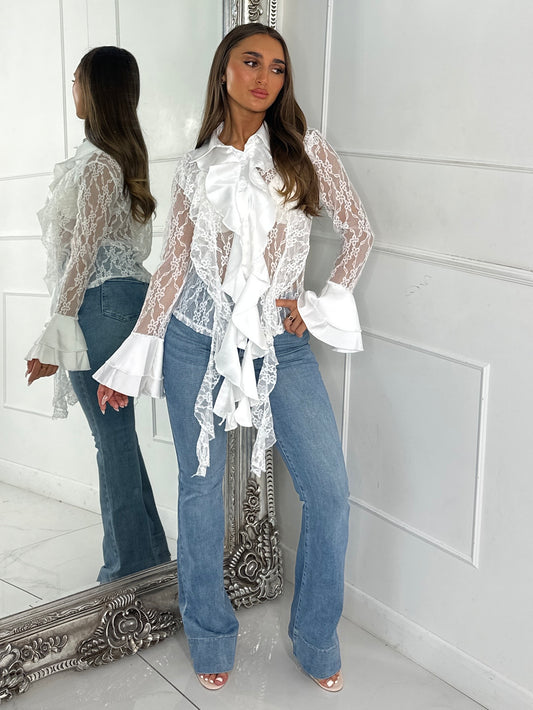 Lace Sheer Diamante Ruffle Shirt - White