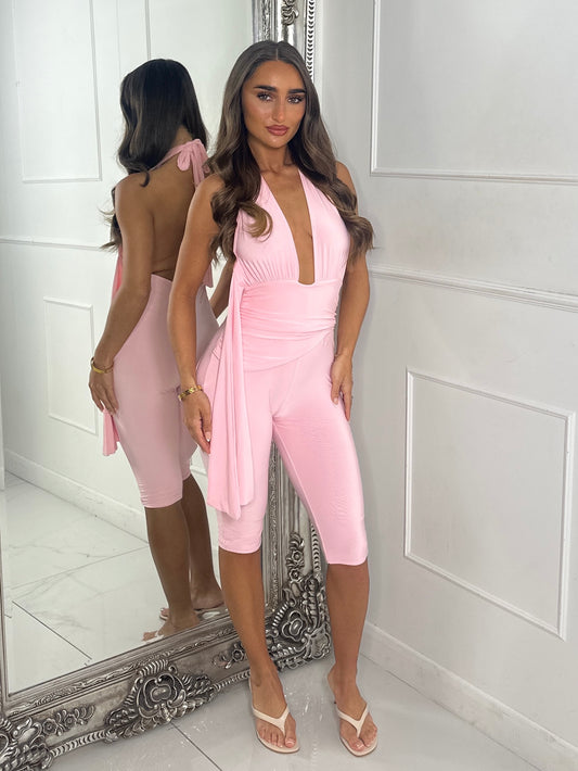 Backless Halter Neck Capri Jumpsuit-Pink