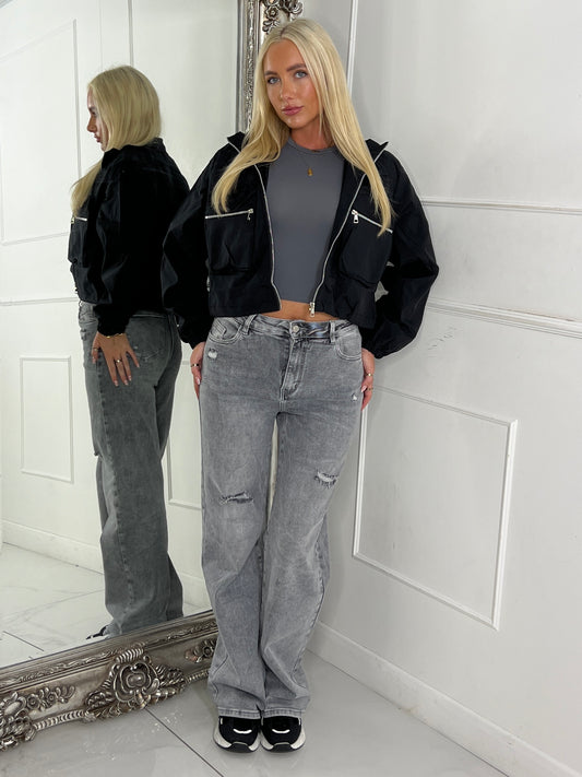 Double pocket Detail Cropped Jacket - Black