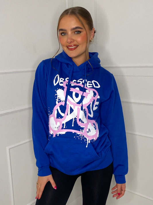 Obsessed Teddy Print Hoodie - Royal Blue