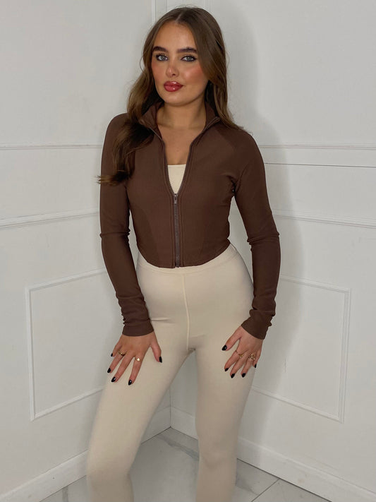 Cropped Ribbed Gym Jacket - Brown