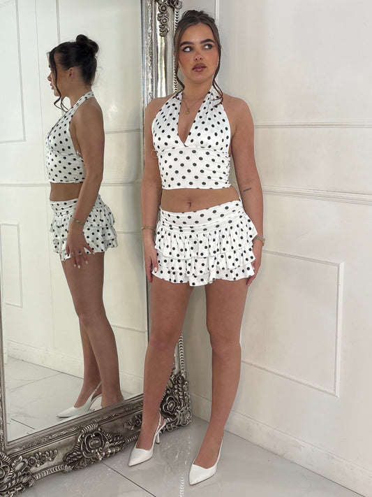 Polka Dot Halter Neck Top & Double Frill Skirt - White