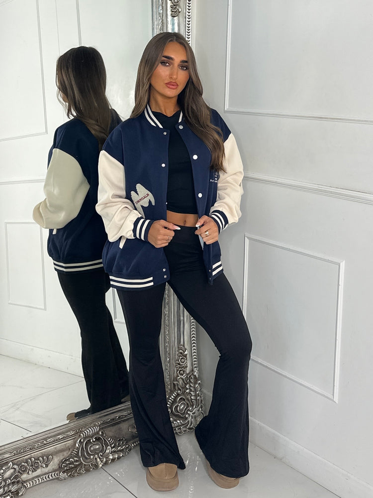 Embroidered Teddy Detail Varsity Jacket - Navy/Cream