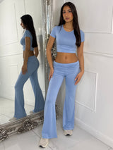 Crop Tee & Fold Over Flares Loungesuit - Baby Blue