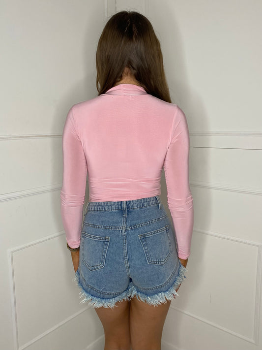 High Neck Long Sleeve Bodysuit - Baby Pink