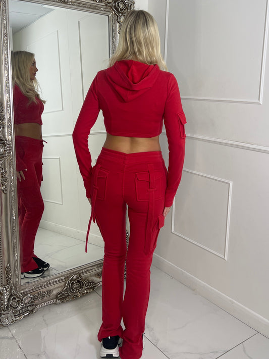 Corset detail hooded top & Ruche Back pocket Joggers Set - Red