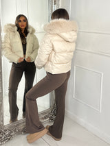 Cropped Faux Fur Trim Padded Jacket - All Cream