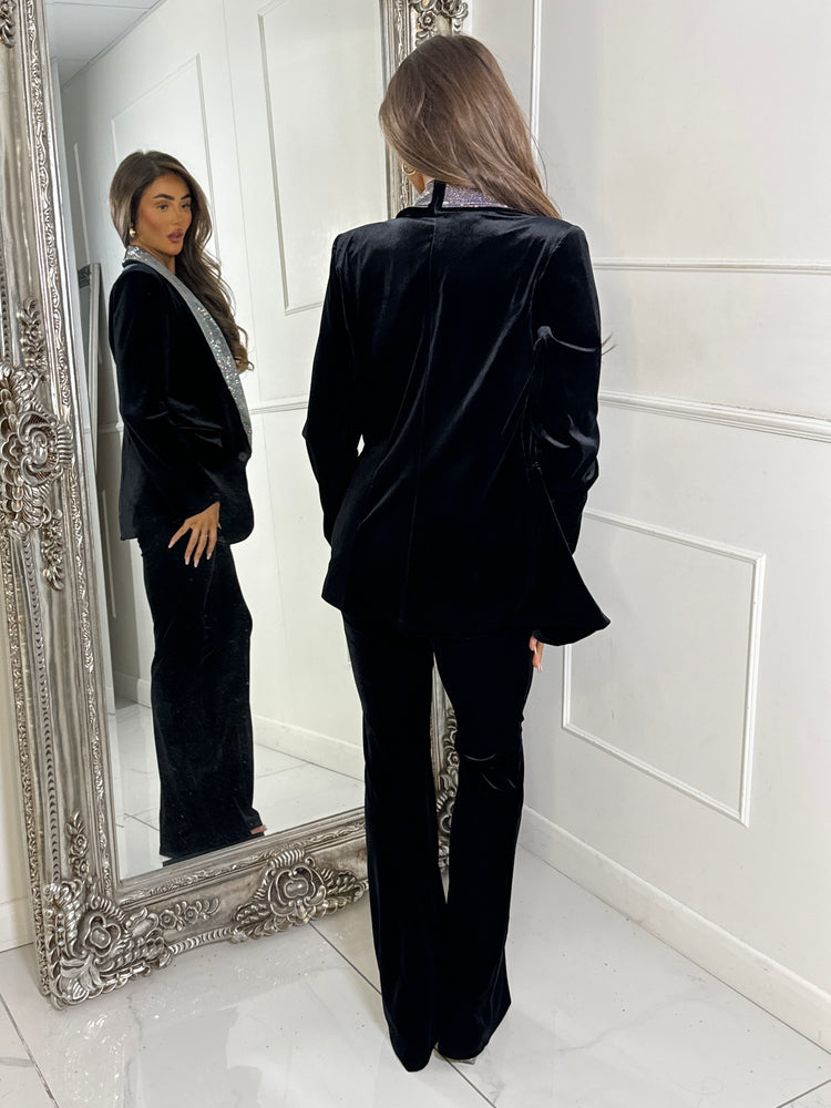 Velvet Diamante Blazer & Flares Set - Black/Silver