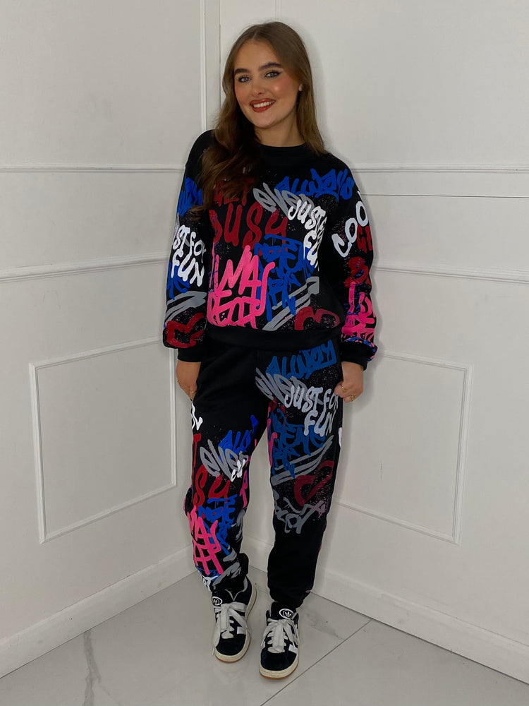 Graffiti Print Tracksuit - Black