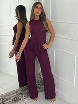 Lurex Knit High Neck Ruffle Top & Flares Co-Ord - Wine