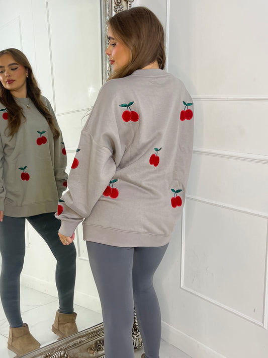 Embroidered Cherry Sweatshirt - Grey