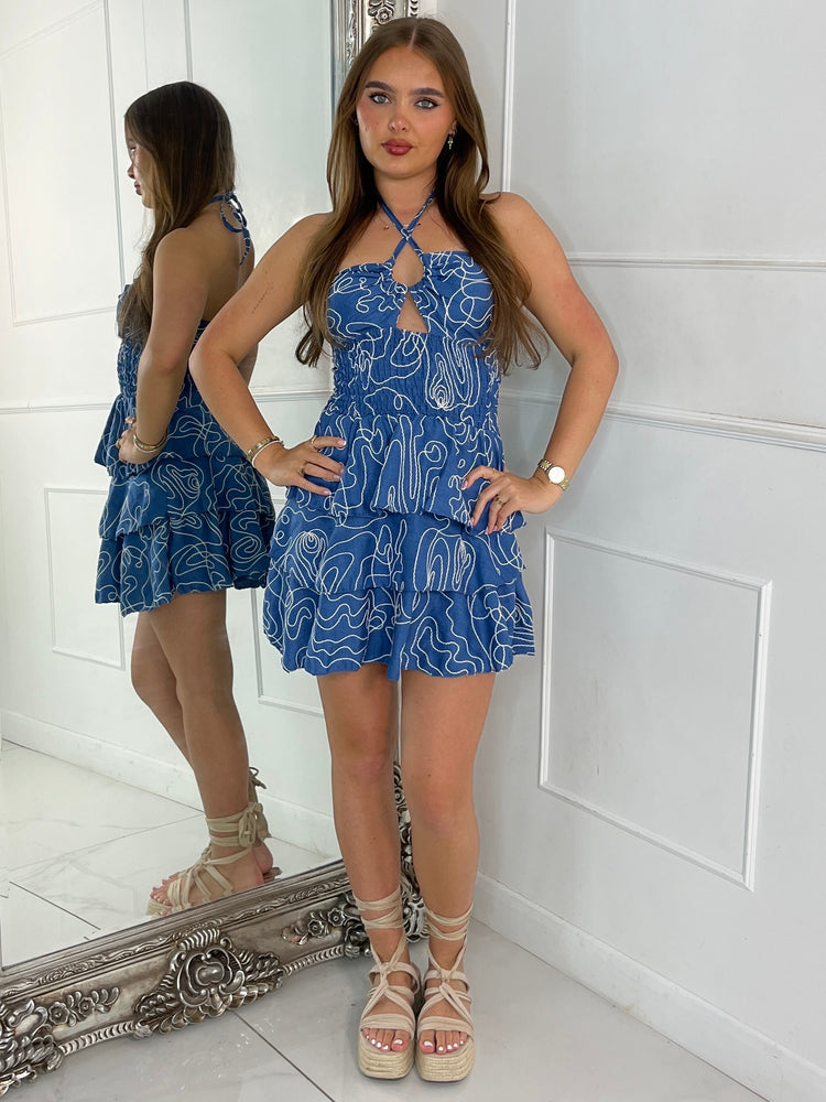 Swirl Textured Ruffle Bandeau Dress - Denim Blue