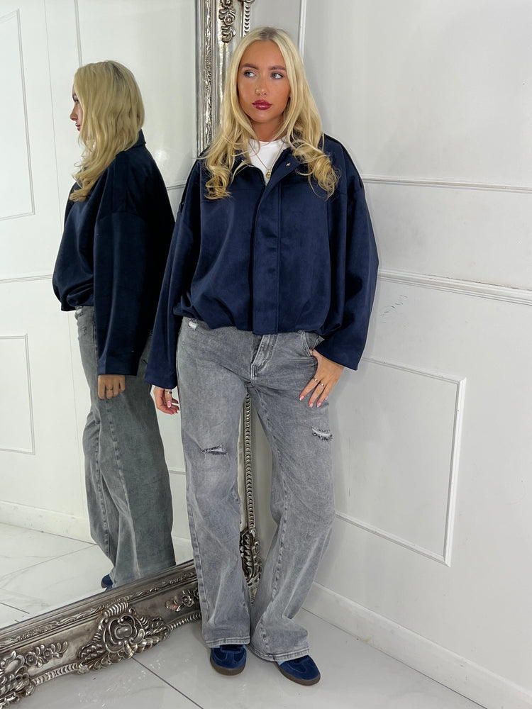 Suede Collared Oversized Bomber Jacket - Navy