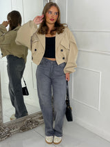 Crop Balloon Sleeve Trench Jacket - Beige