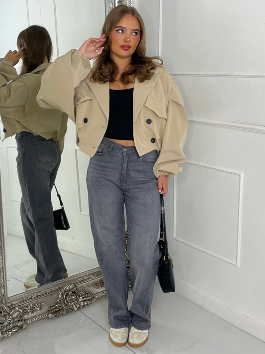 Crop Balloon Sleeve Trench Jacket - Beige