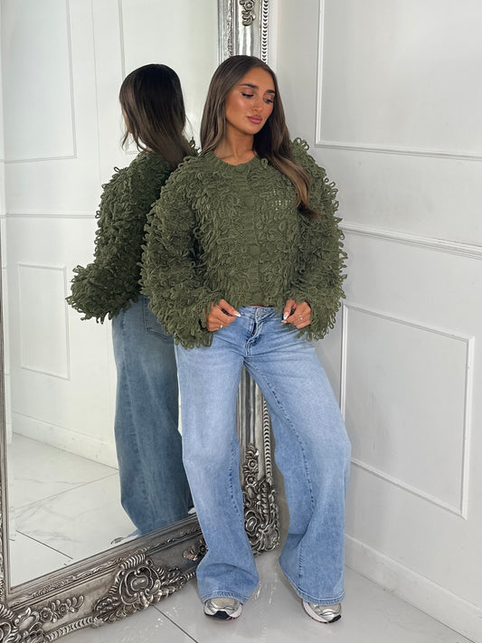 Soft Fluffy Loop Detail Cardigan - Khaki