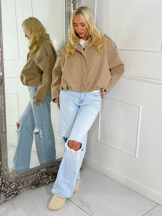 Collared Oversized Bomber Jacket - Beige