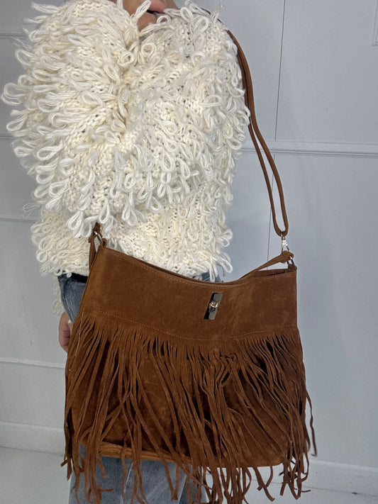 Large Suede Full Tassel Gold Lock Detail Shoulder Bag - Tan