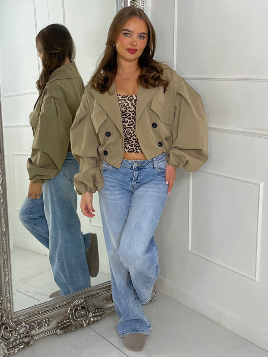 Crop Balloon Sleeve Trench Jacket - Taupe