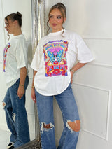 Ribbed Collar Oversized T-Shirt - White Butterfly Print