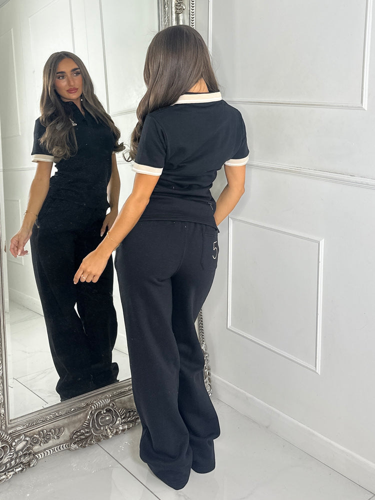 Soft Cotton Varsity Number Detail Matching Shirt & Straight Leg Joggers Set - Black