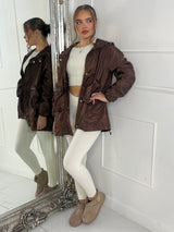 Long Ruched Sleeve Windbreaker Jacket - Brown