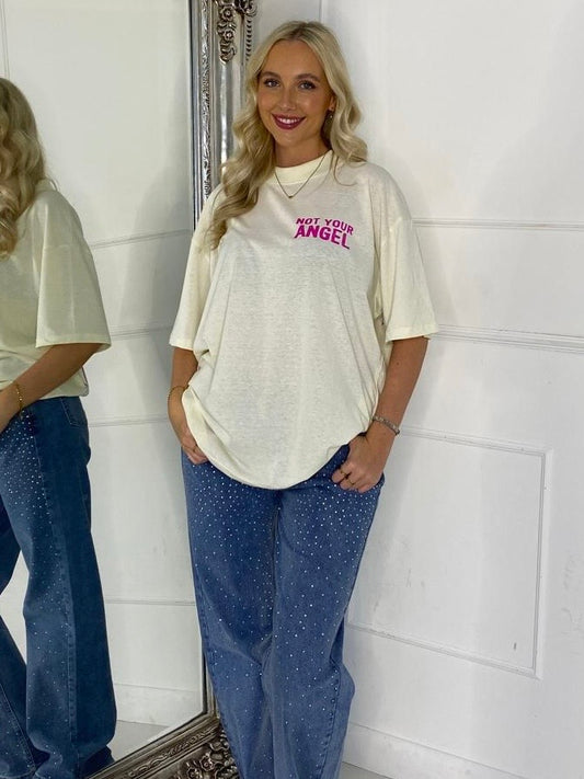 Ribbed Collar Oversized T-Shirt - Cream Not Your Angel Print