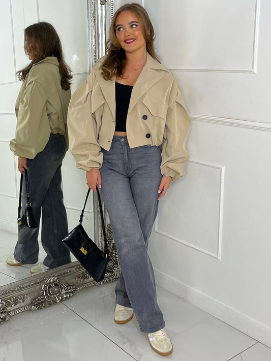 Crop Balloon Sleeve Trench Jacket - Beige
