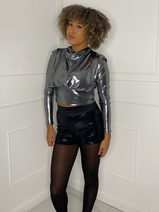 Metallic Padded Shoulder Top - Silver