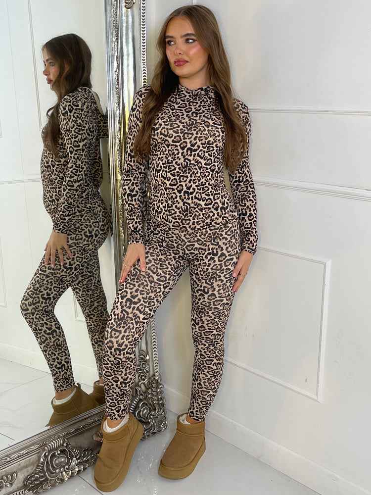 Long Sleeve Second Skin Hooded Top and Leggings Co-Ord - Leopard Print