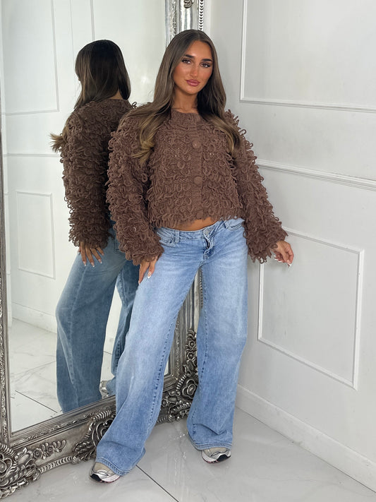 Soft Fluffy Loop Detail Cardigan - Brown
