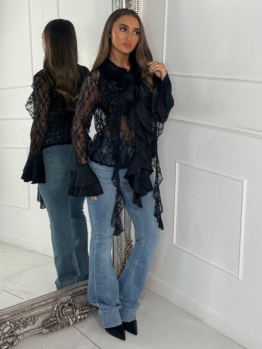 Lace Sheer Diamante Ruffle Shirt - Black