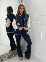 Embroidered Teddy Detail Varsity Jacket - Navy/Cream