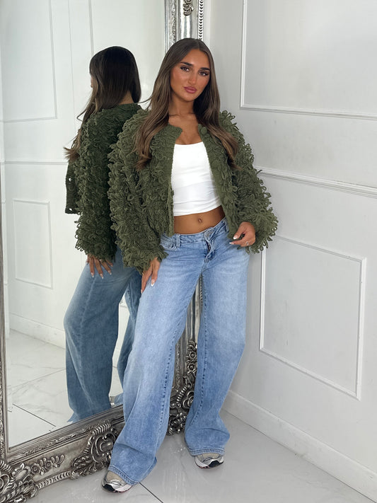 Soft Fluffy Loop Detail Cardigan - Khaki