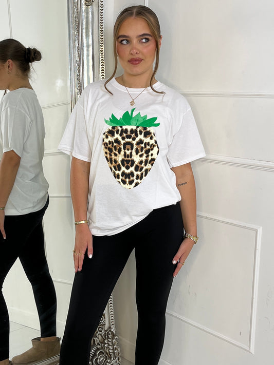 Leopard Print Strawberry Oversized T-Shirt - White