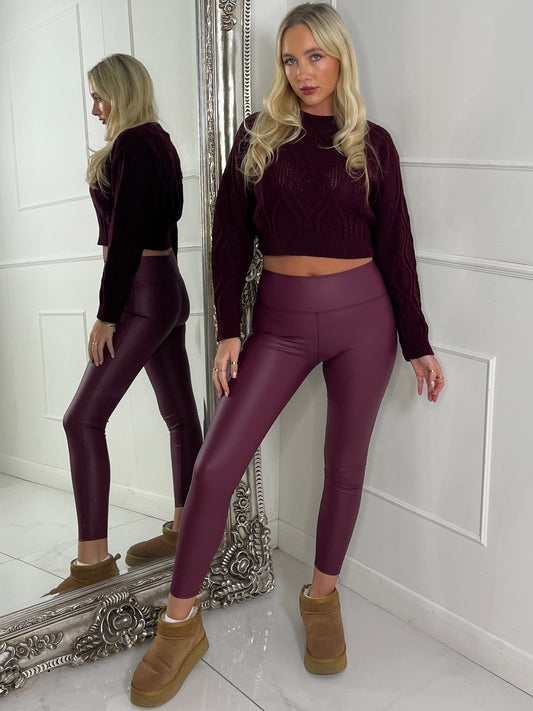 PU Leather Look Leggings - Wine