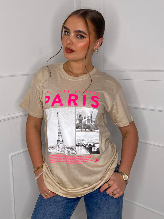 Paris Eiffel Tower Print T-shirt- Beige