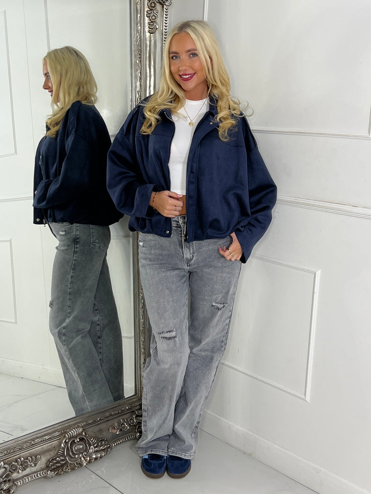 Suede Collared Oversized Bomber Jacket - Navy
