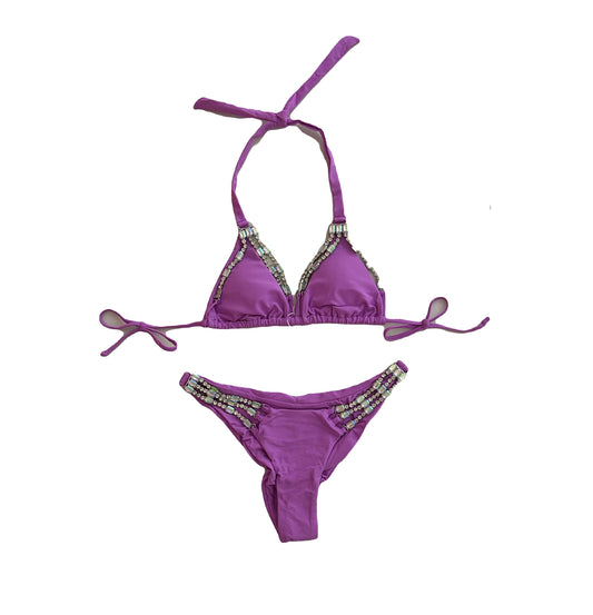 Diamanté Trim Ruched Bum Bikini - Purple