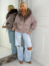 Hooded Faux Fur Puffer Coat With Buckle Detail - Grey/Mauve