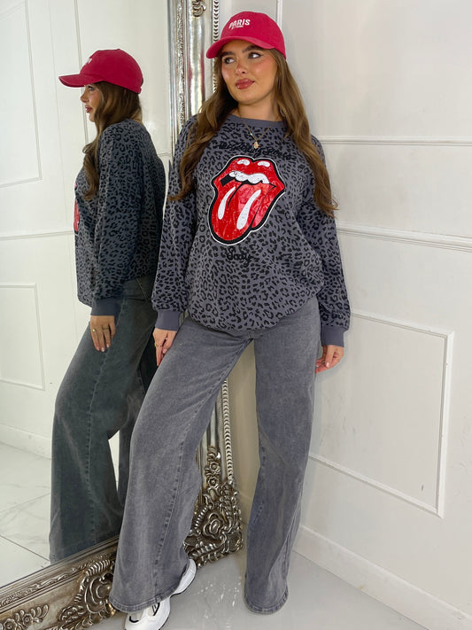 Leopard Print Lips Print Jumper - charcoal grey