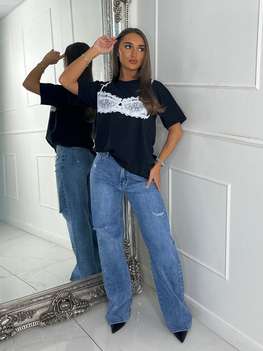 White Bra Print Oversized T-shirt - Black