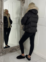 Hooded Puffer Coat With Faux Fur Trim - Black/Apricot Fur