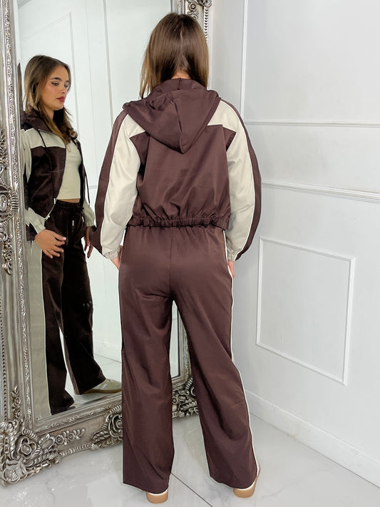 Hooded Colour block Jacket & Straight Leg Pants Set - Chocolate/Beige