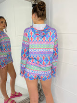 Crochet Print Hoodie & Low Waisted Shorts Co-ord - Blue Crochet